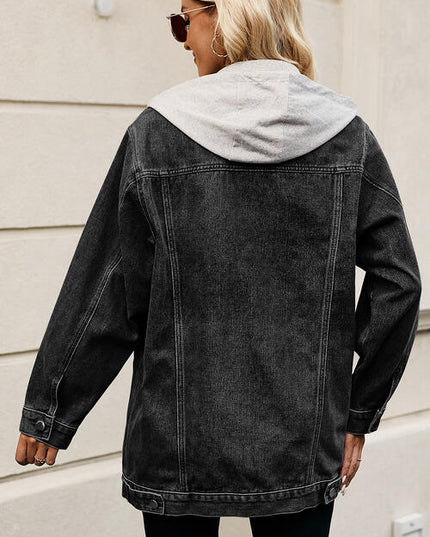 Drawstring Button Up Hooded Denim Jacket