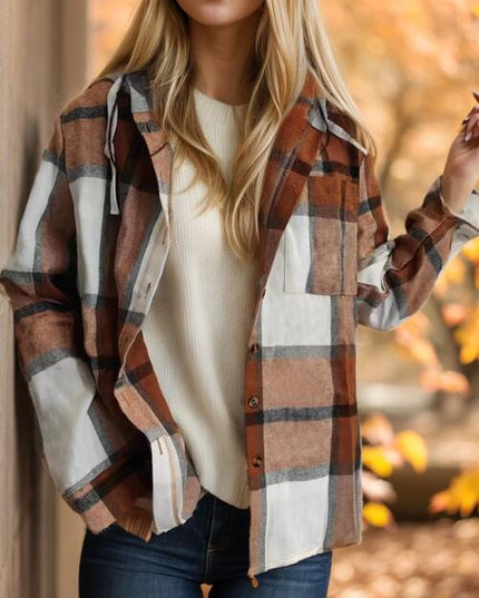 Plaid Button Up Drawstring Hooded Shirt