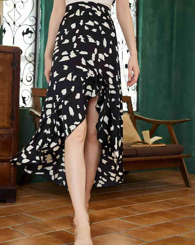 Printed Ruffled Front Slit Skirt