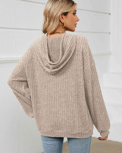Drawstring Dropped Shoulder Ribbed Hoodie