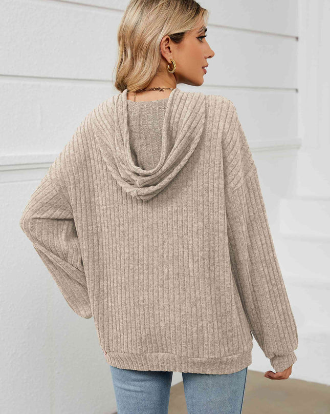 Drawstring Dropped Shoulder Ribbed Hoodie