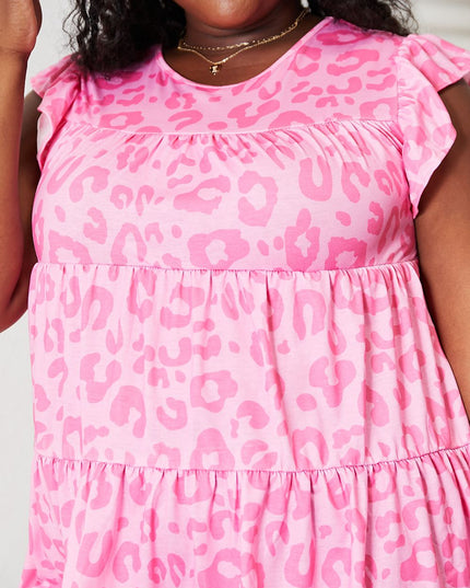 Double Take Leopard Round Neck Tiered Blouse