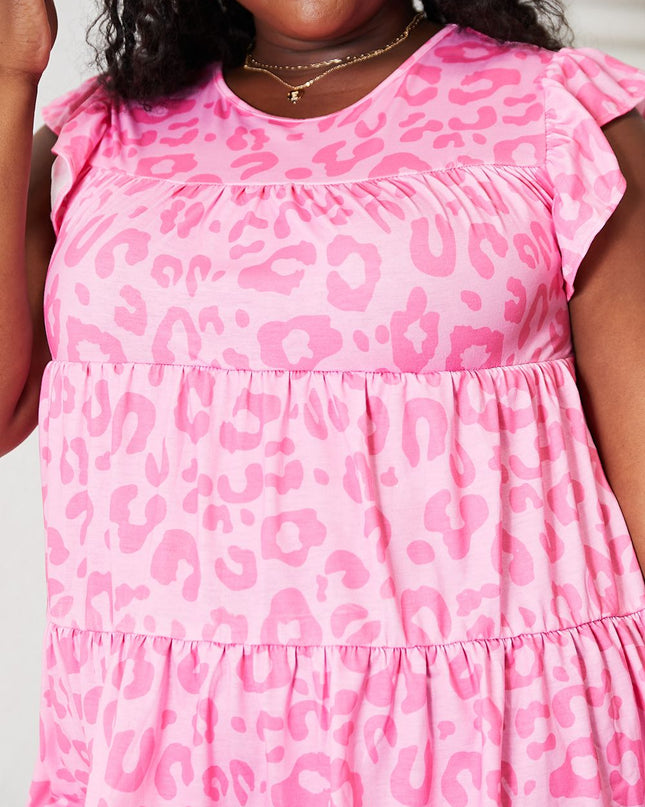 Double Take Leopard Round Neck Tiered Blouse