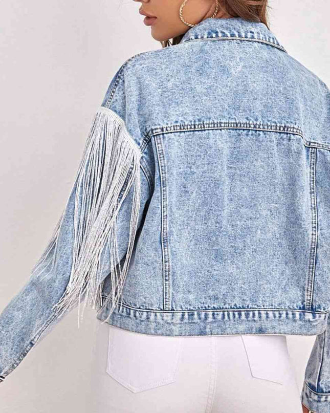 Fringe Detail Collared Neck Long Sleeve Denim Jacket