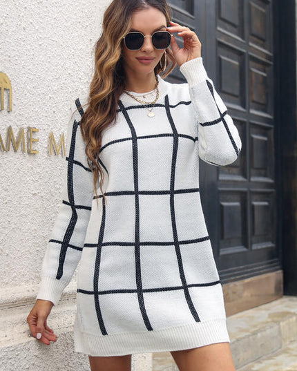Plaid Round Neck Long Sleeve Sweater Dress