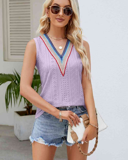 Contrast V-Neck Eyelet Tank