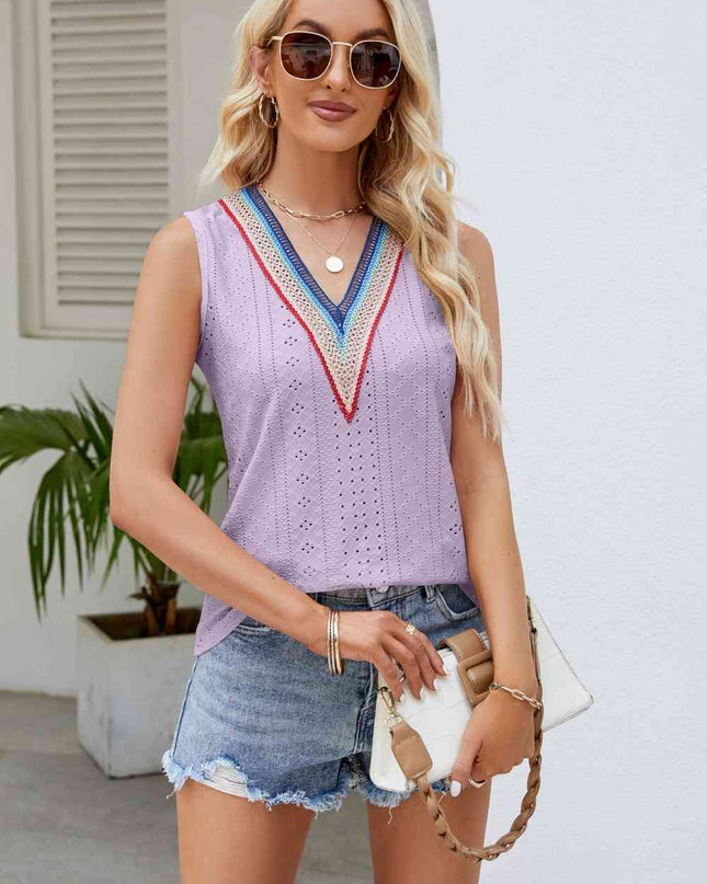 Contrast V-Neck Eyelet Tank