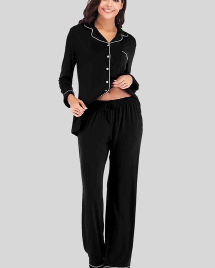 Collared Neck Long Sleeve Loungewear Set with Pockets