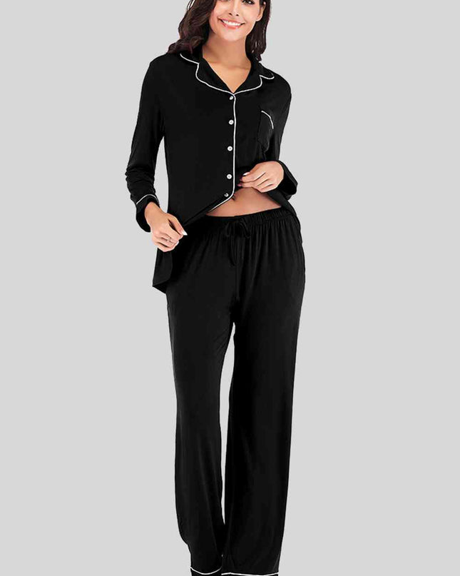 Collared Neck Long Sleeve Loungewear Set with Pockets