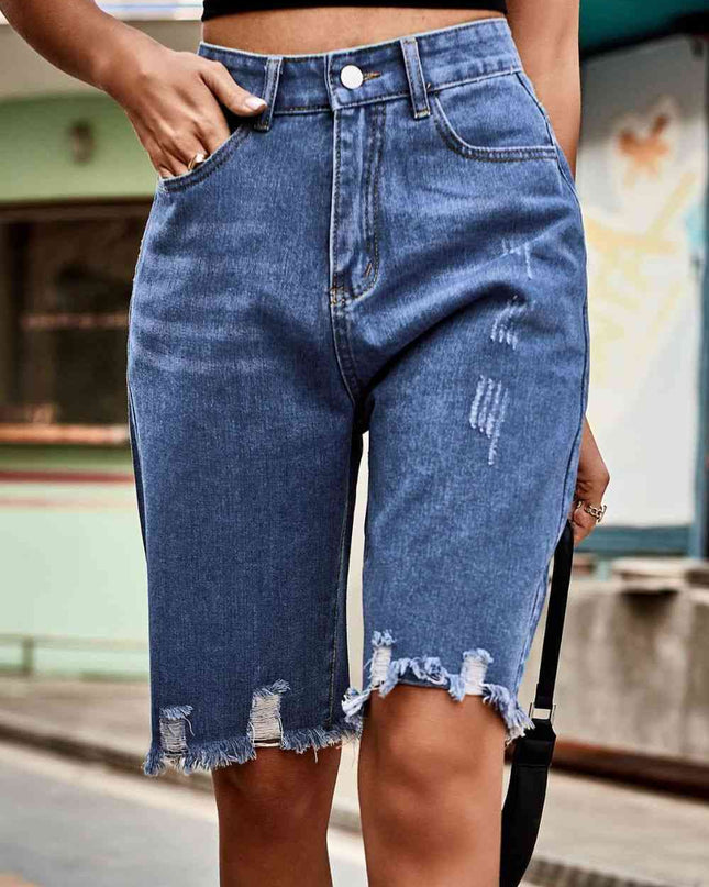 Raw Hem High Waist Denim Shorts with Pockets