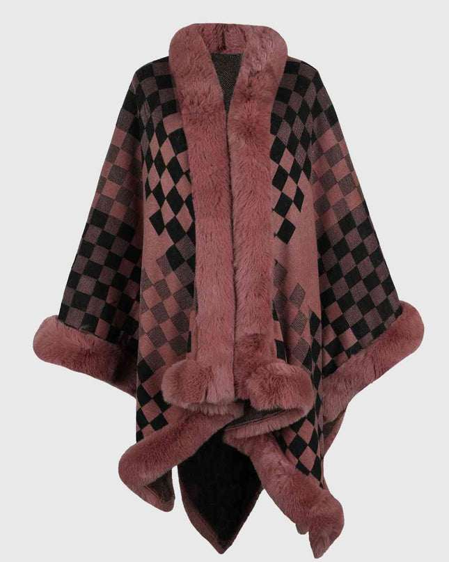 Checkered Faux Fur Trim Poncho