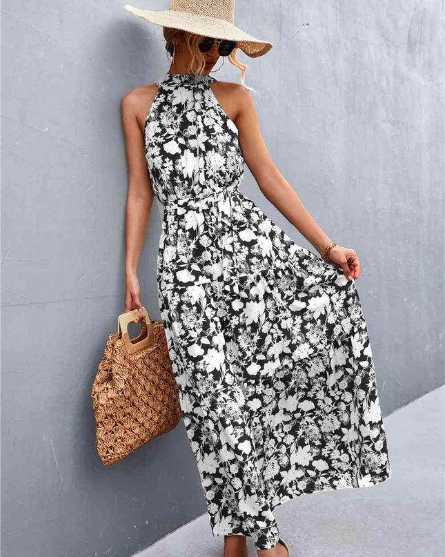 Printed Sleeveless Tie Waist Maxi Dress