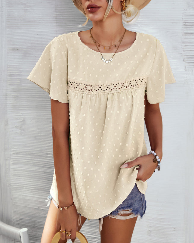 Swiss Dot Round Neck Flutter Sleeve Blouse