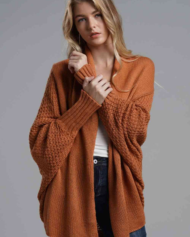 Double Take Dolman Sleeve Open Front Ribbed Trim Longline Cardigan
