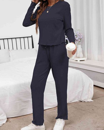 Round Neck Long Sleeve Top and Drawstring Pants Lounge Set