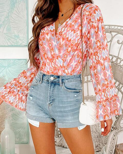 Printed Surplice Neck Frill Trim Bodysuit