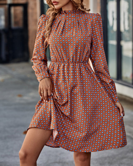 Printed Ruched Mock Neck Long Sleeve Dress