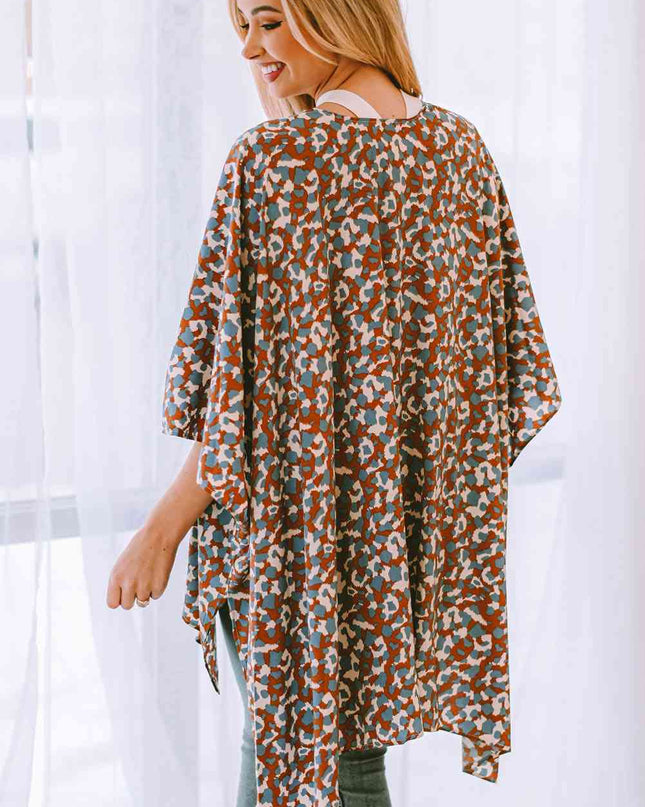 Printed Open Front Three-Quarter Sleeve Cover Up