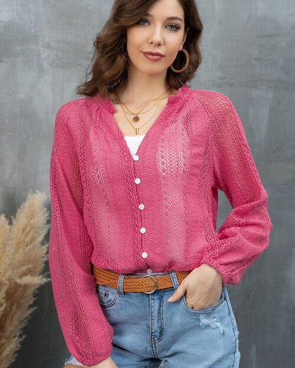 Openwork Button Up Long Sleeve Shirt