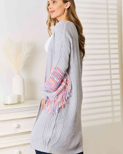Woven Right Fringe Sleeve Dropped Shoulder Cardigan