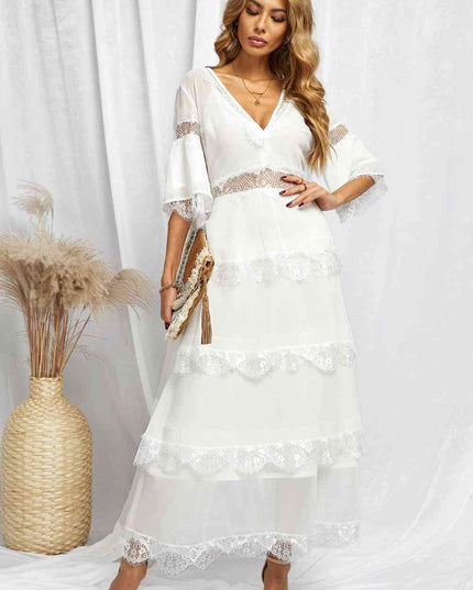 V-Neck Spliced Lace Maxi Dress