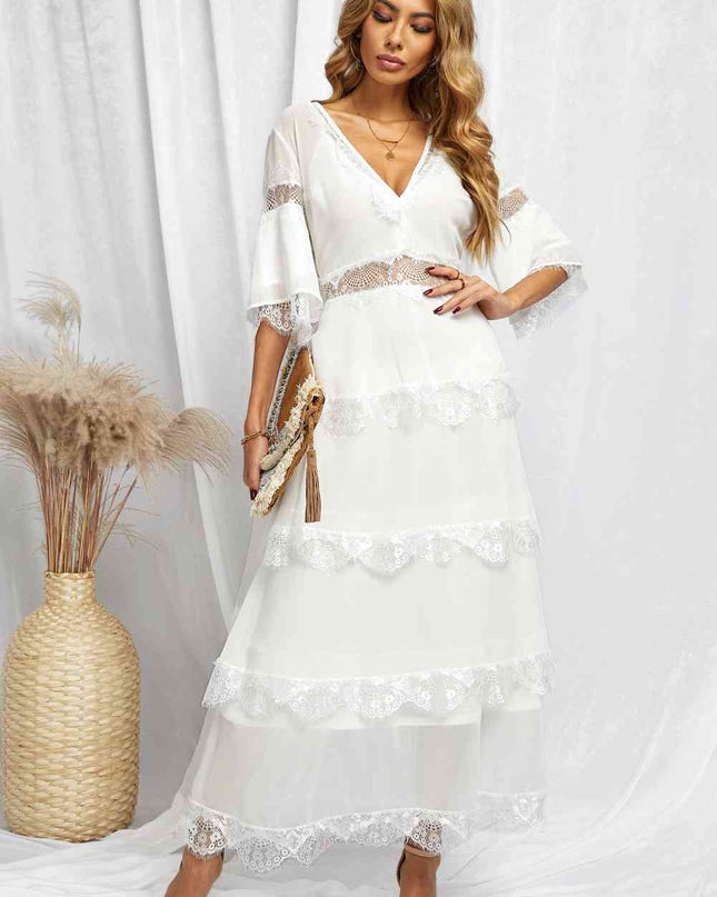 V-Neck Spliced Lace Maxi Dress