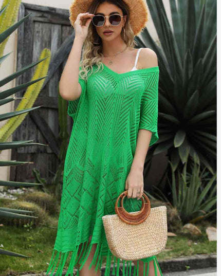 V-Neck Short Sleeve Fringe Hem Knit Dress