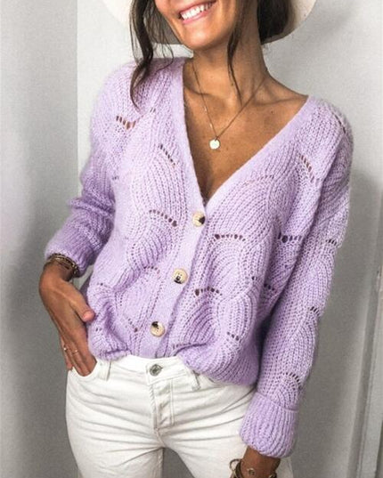 Openwork Button Up Long Sleeve Cardigan