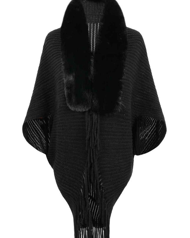 Fringe Detail Long Sleeve Ribbed Poncho