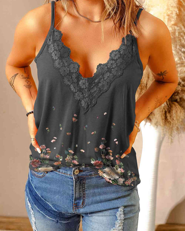Floral Lace Trim Scalloped Plunge Cami