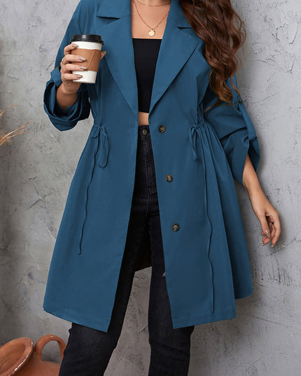 Plus Size Lapel Collar Drawstring Roll-Tab Sleeve Trench Coat
