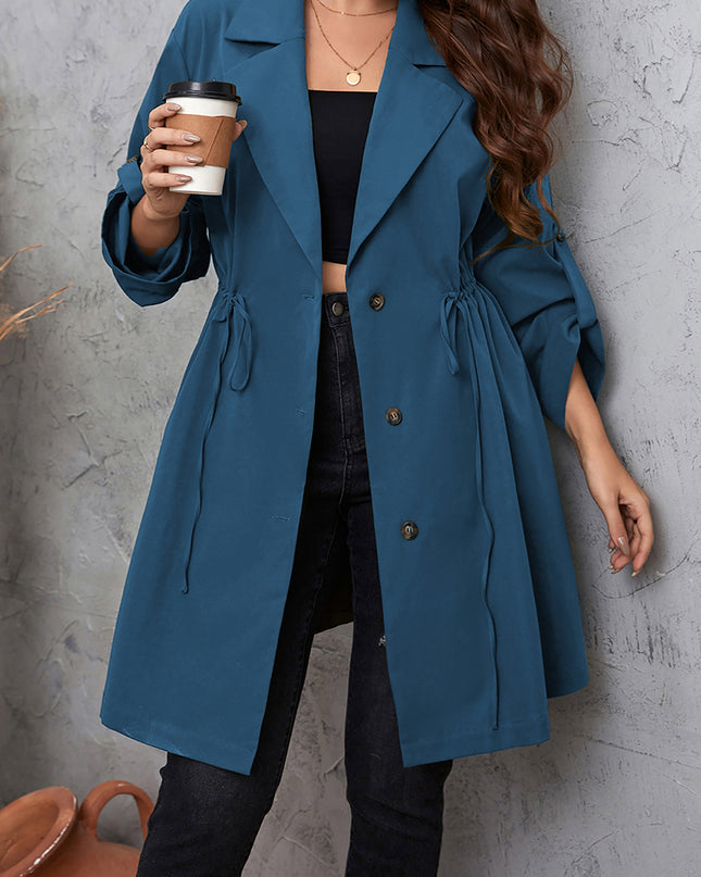 Plus Size Lapel Collar Drawstring Roll-Tab Sleeve Trench Coat