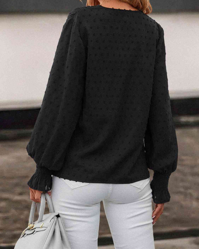 Swiss Dot V-NecK Lantern Sleeve Blouse