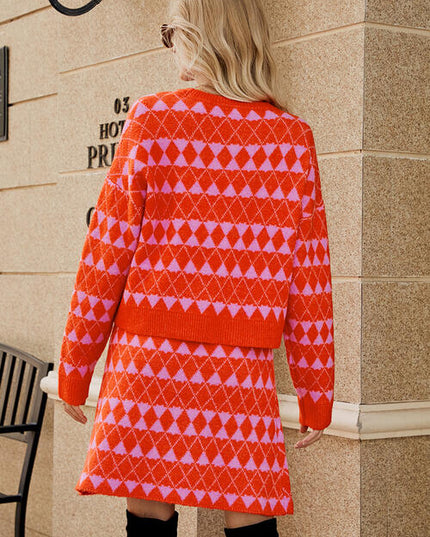 Geometric Button Front Cardigan and Skirt Set