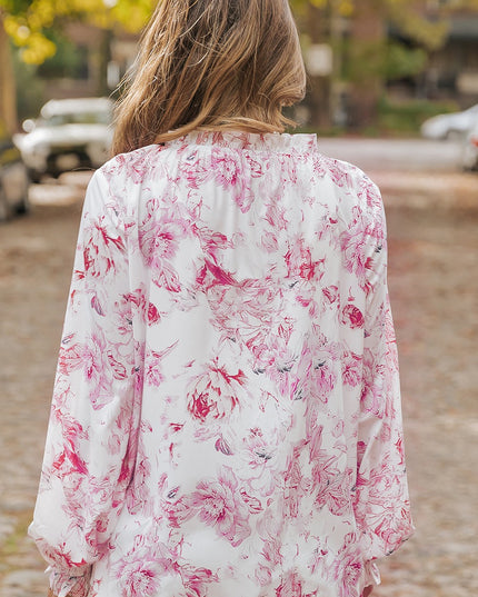 Floral Tie Neck Flounce Sleeve Blouse