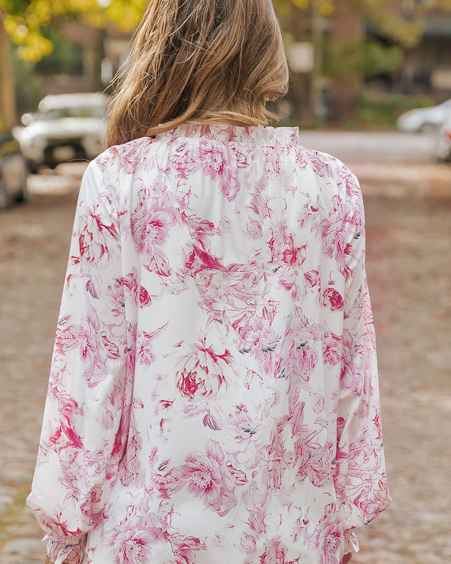 Floral Tie Neck Flounce Sleeve Blouse