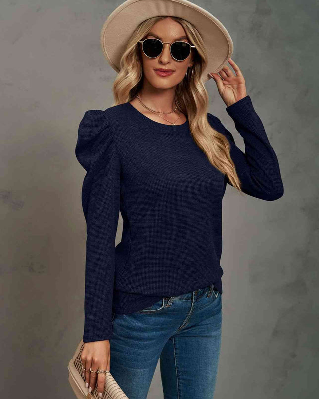 Waffle-Knit Puff Sleeve Round Neck Top