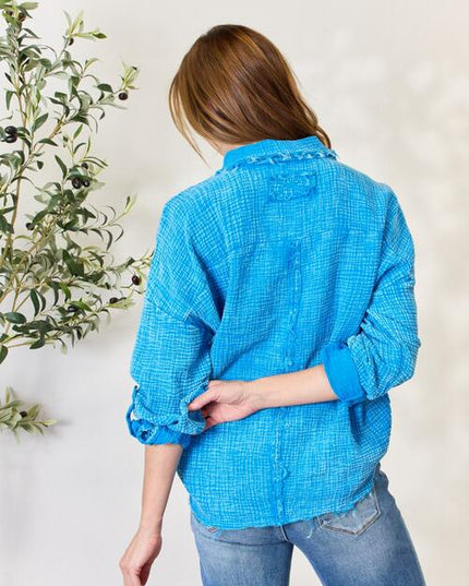 Zenana Full Size Washed Raw Trim Button Down Shirt