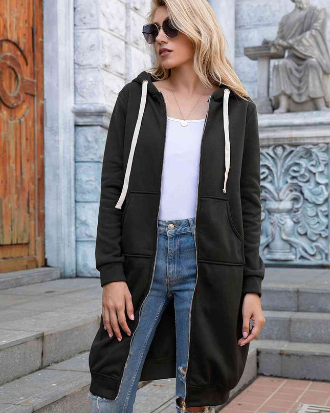Zip-Up Longline Hoodie with Pockets
