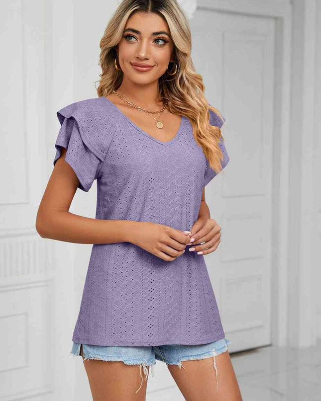 Eyelet Layered Flutter Sleeve V-Neck Knit Top