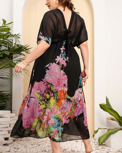 Full Size Tied V-Neck Short Sleeve Midi Dress