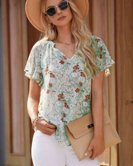 Floral Notched Neck Flutter Sleeve Blouse