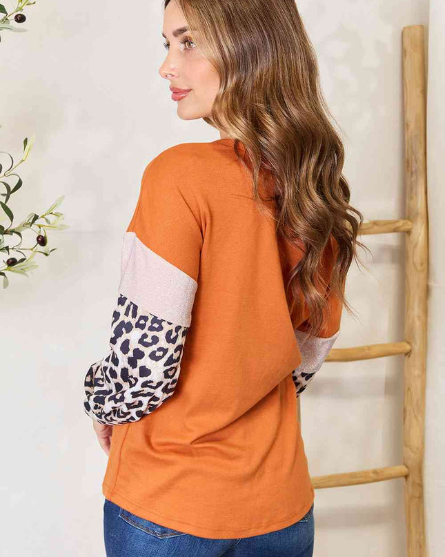 Double Take Leopard Long Sleeve Round Neck Sweatshirt