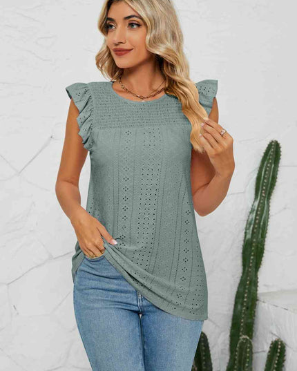 Smocked Round Neck Eyelet Top