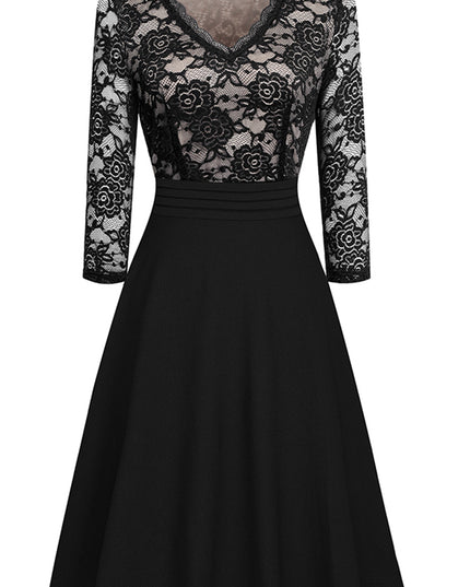 V-Neck Lace Detail Knee-Length Dress