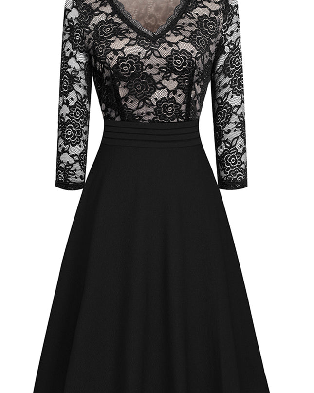 V-Neck Lace Detail Knee-Length Dress
