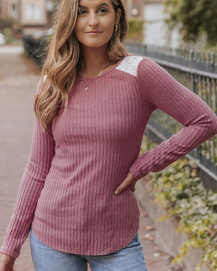 Ribbed Lace Detail Long Sleeve Knit Top