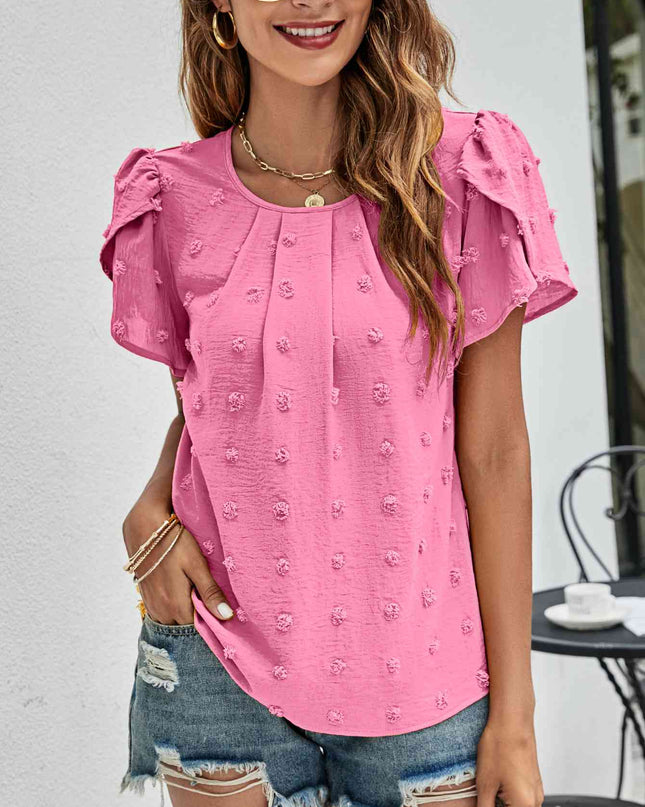Swiss Dot Round Neck Petal Sleeve Top