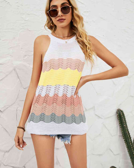 Color Block Round Neck Sleeveless Tunic Knit Top