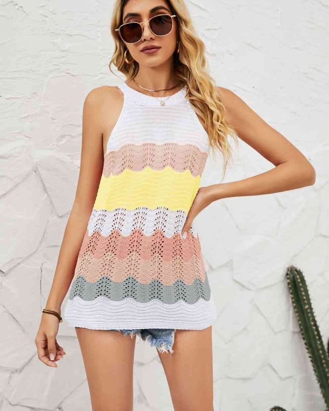 Color Block Round Neck Sleeveless Tunic Knit Top